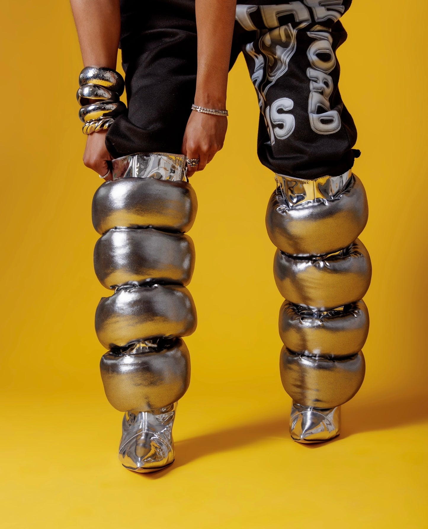 CHROME KITTEN HEEL PUFFER BOOTS