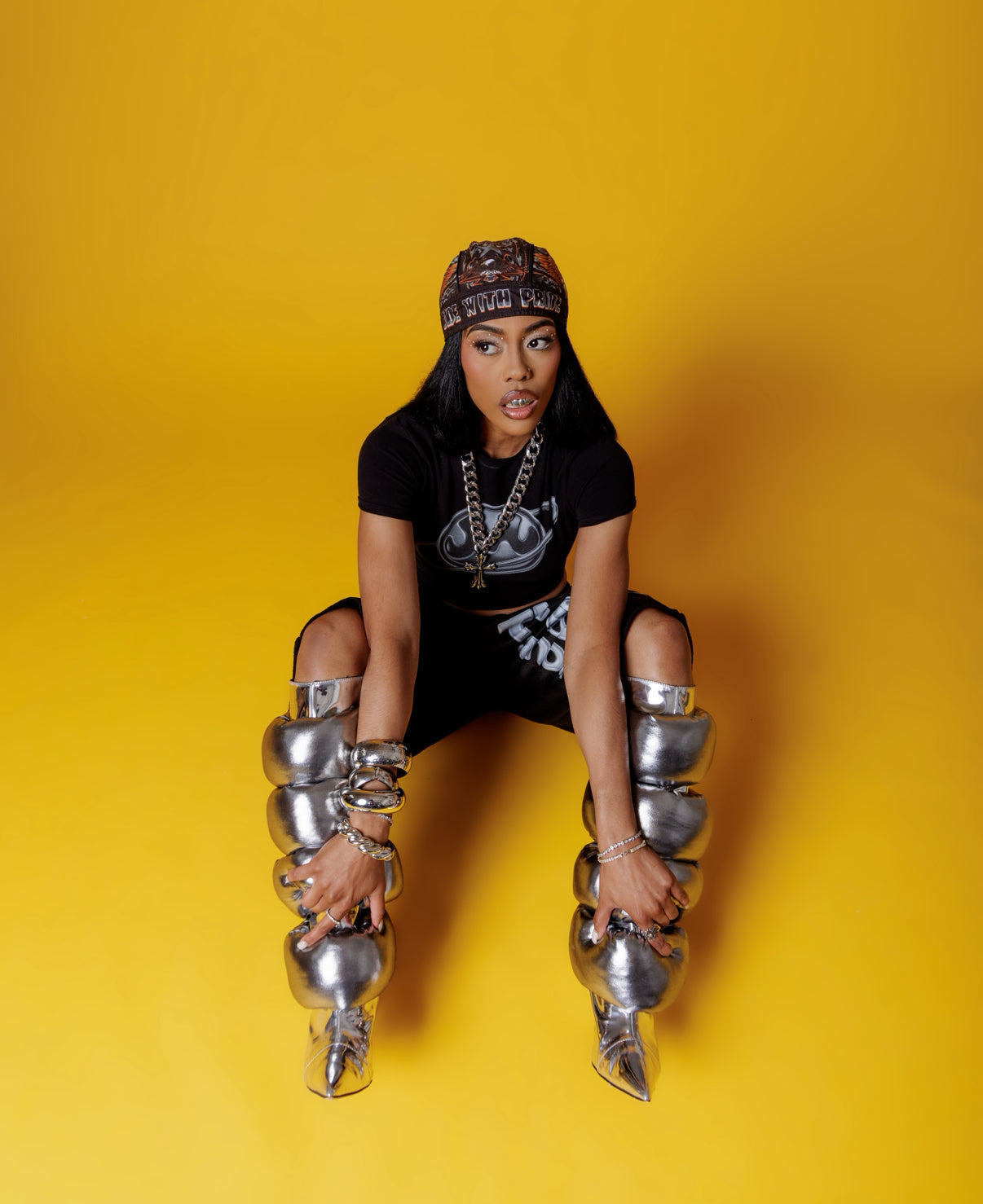 CHROME KITTEN HEEL PUFFER BOOTS