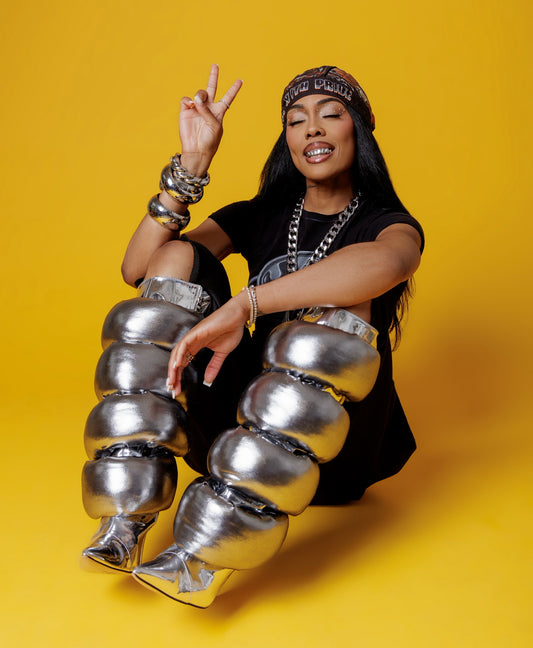 CHROME KITTEN HEEL PUFFER BOOTS